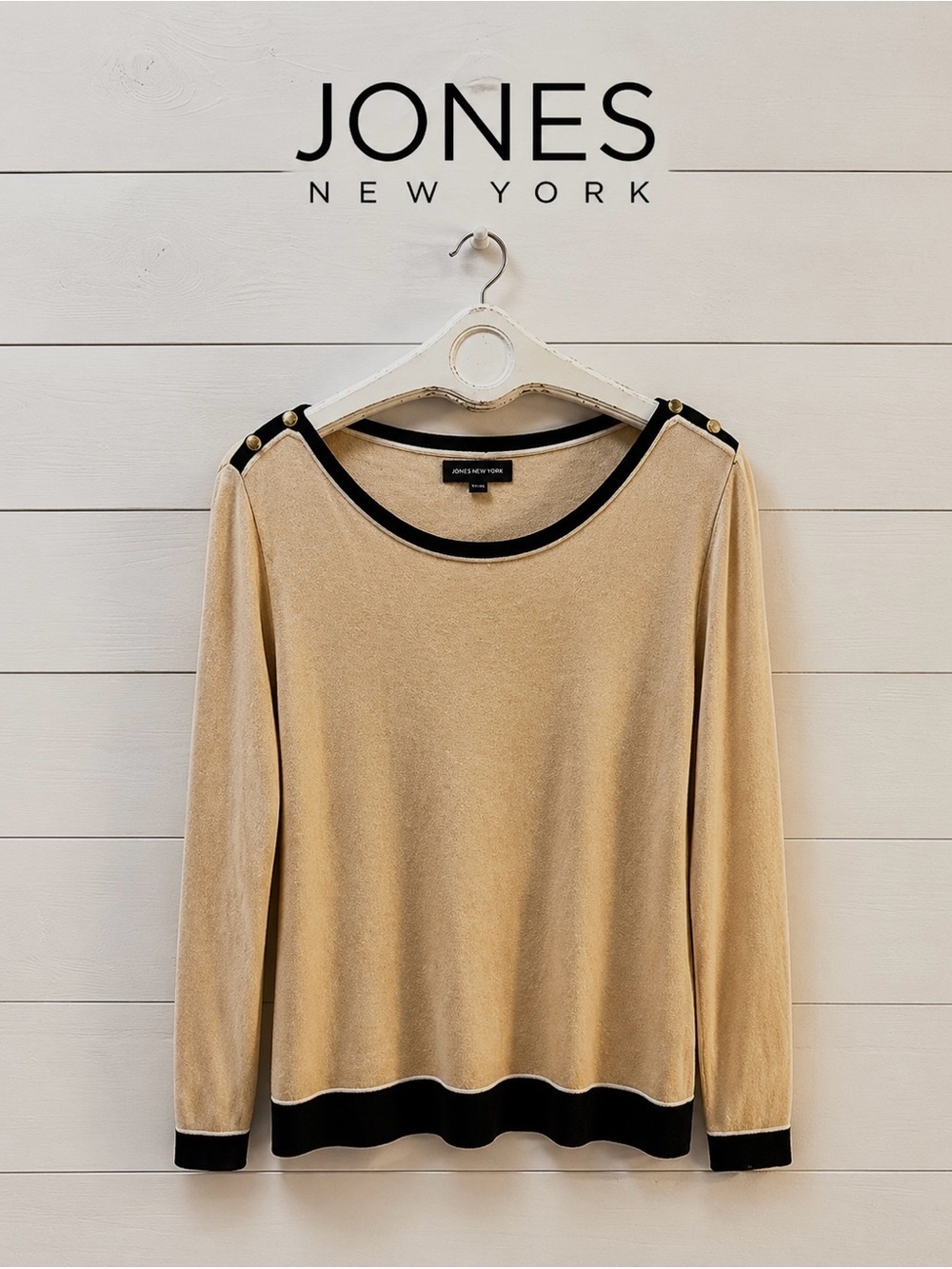 JONES NEW YORK Beige & Black Button Detail Sweater -